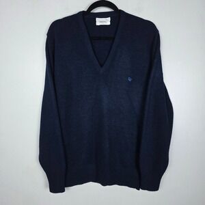 Christian Dior USA Made Mens V Neck Waffle Navy Blue Acrylic Sweater Size L Logo